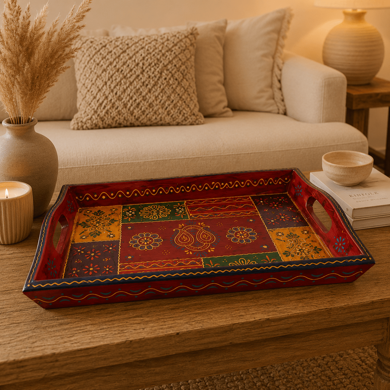 Bandeja Artesanal Mandala Shakti de Madera Mediana - BOUTIQUEDELAINDIA