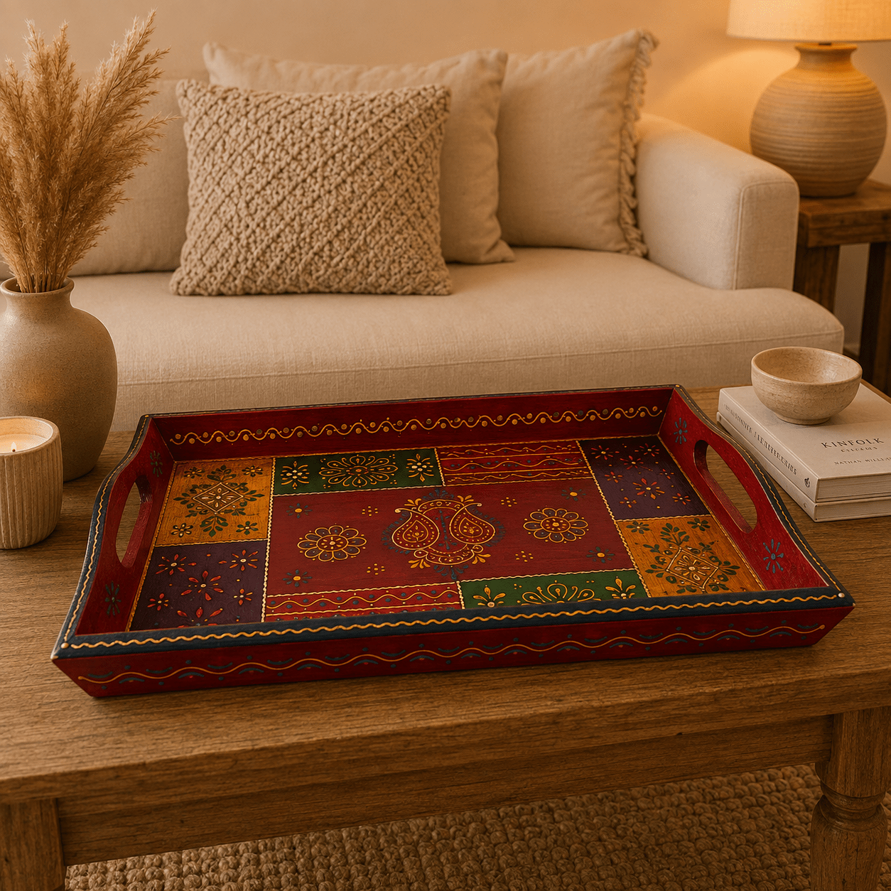 Bandeja Artesanal Mandala Shakti de Madera Grande - BOUTIQUEDELAINDIA