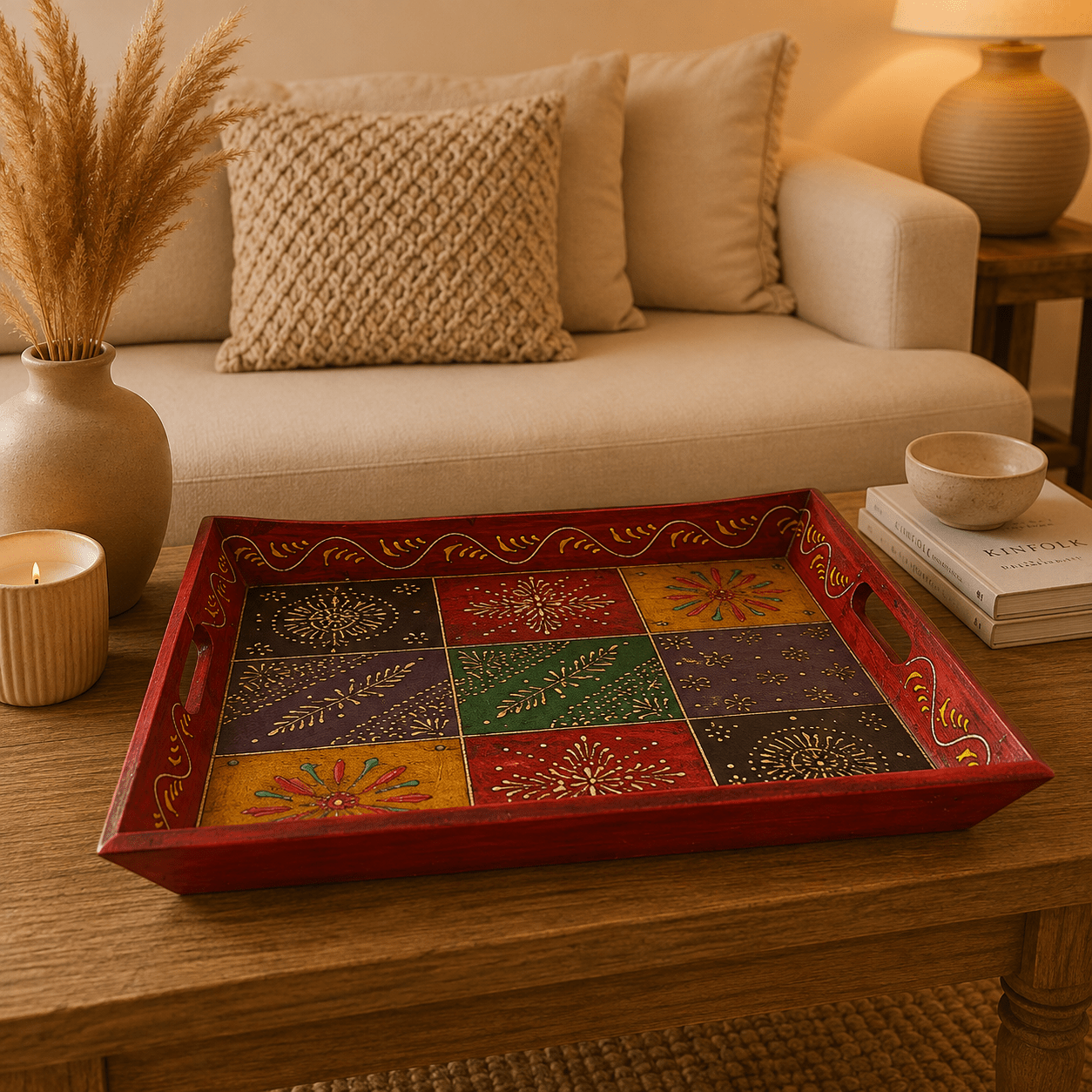 Bandeja Artesanal Ananda de Madera Mediana - BOUTIQUEDELAINDIA