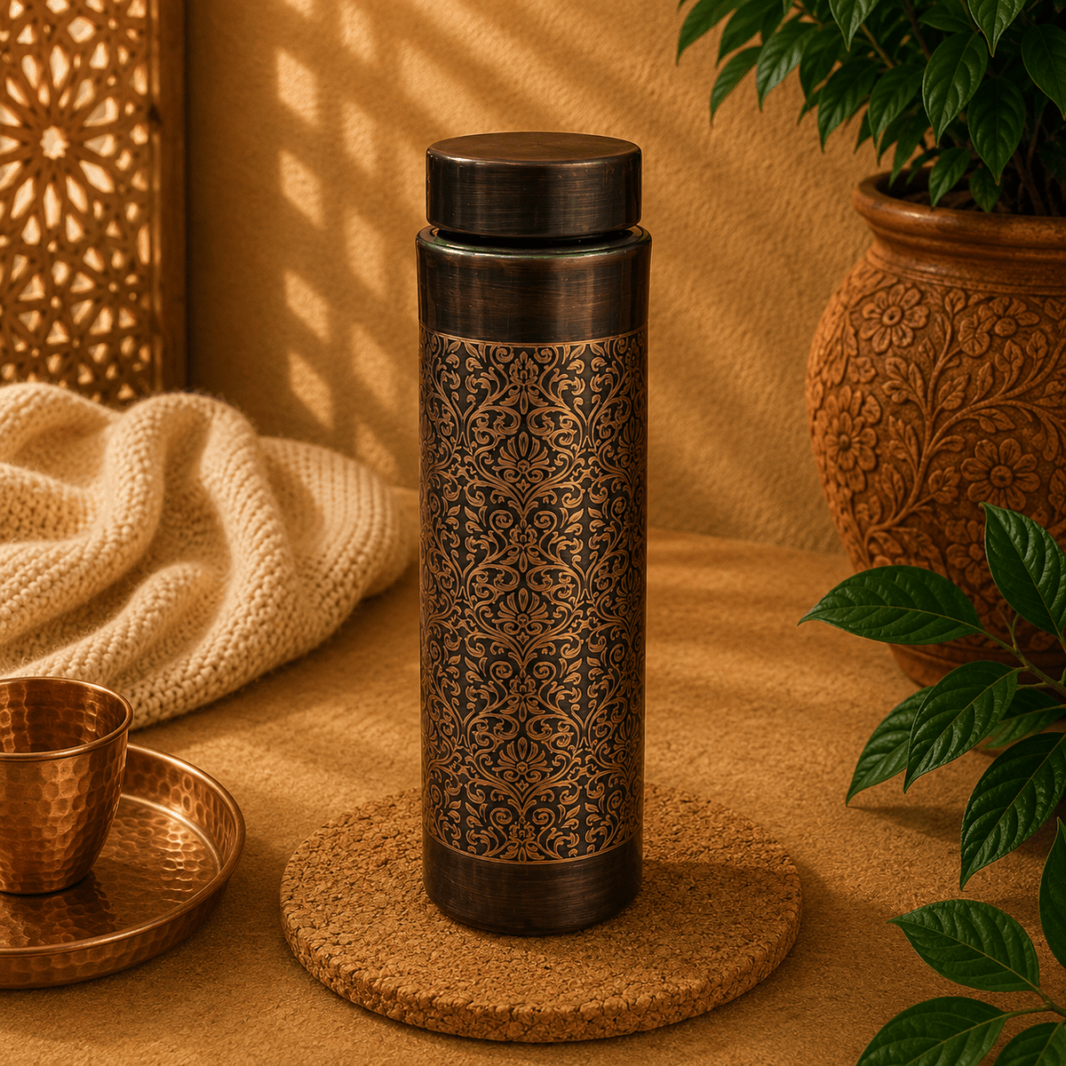 Botella de Cobre Tamra Pushpa Oscuro - BOUTIQUEDELAINDIA