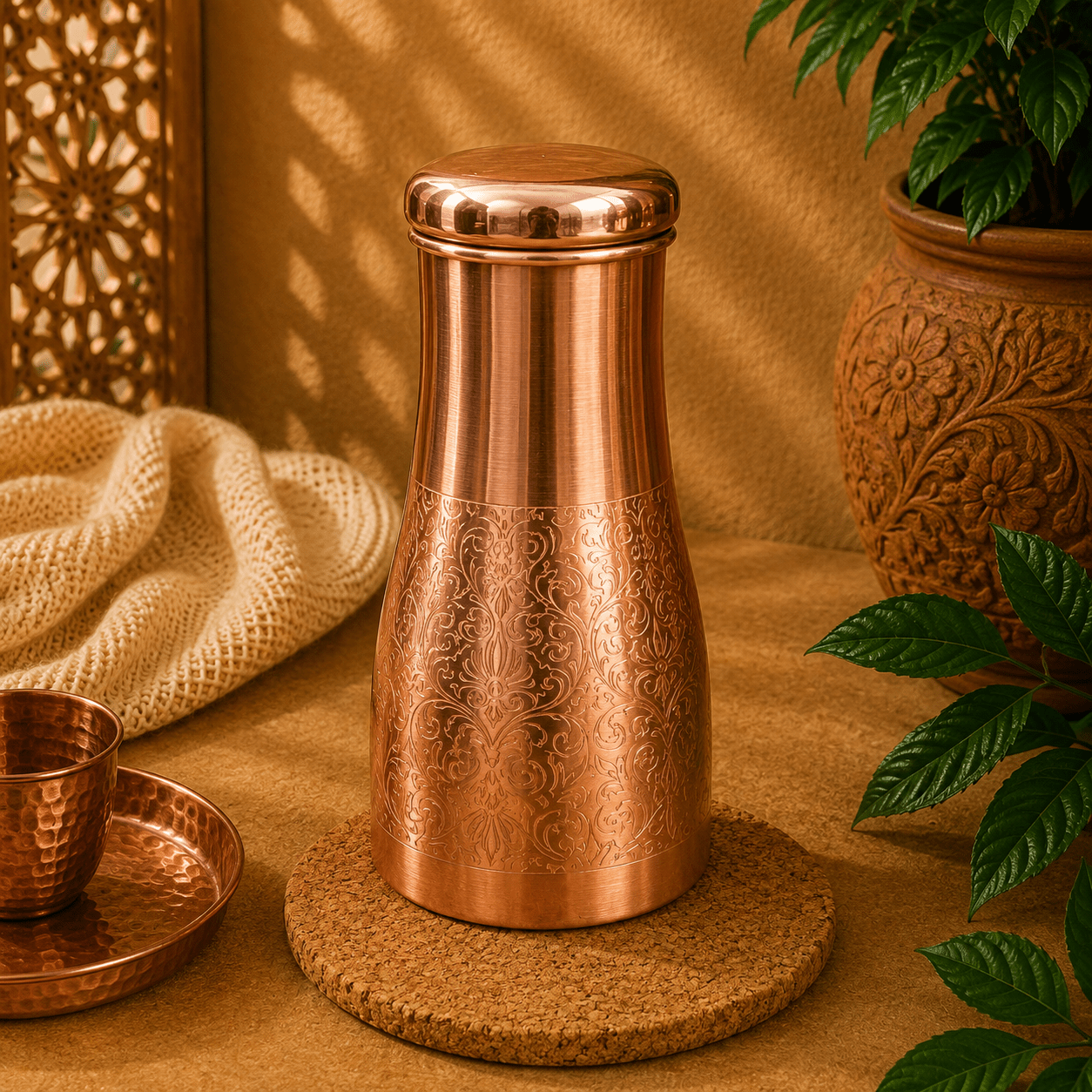 Botella de Cobre Ananta Grabado con Vaso - BOUTIQUEDELAINDIA