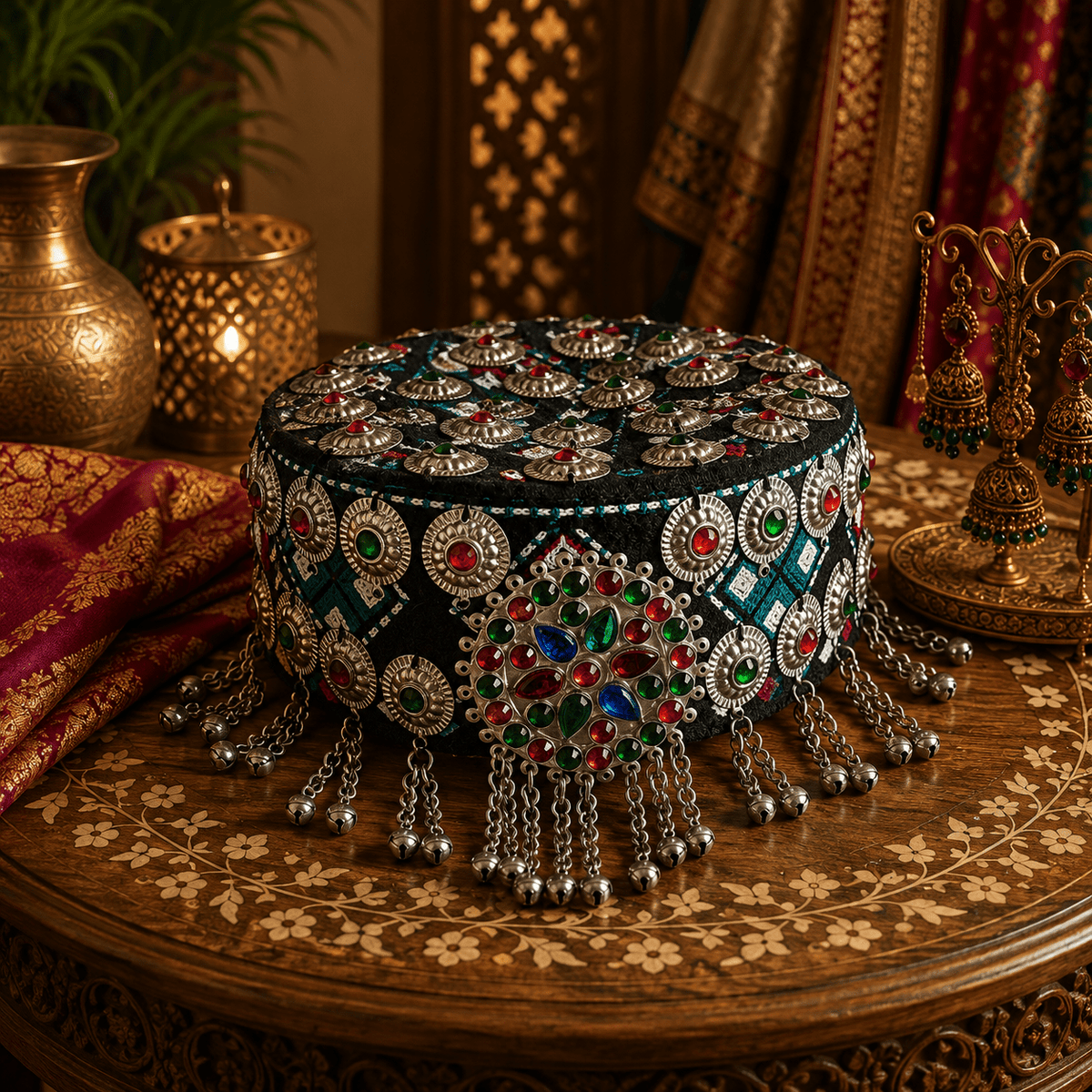 Gorro Tradicional Bharati Bordado con Adornos - Turquesa - BOUTIQUEDELAINDIA
