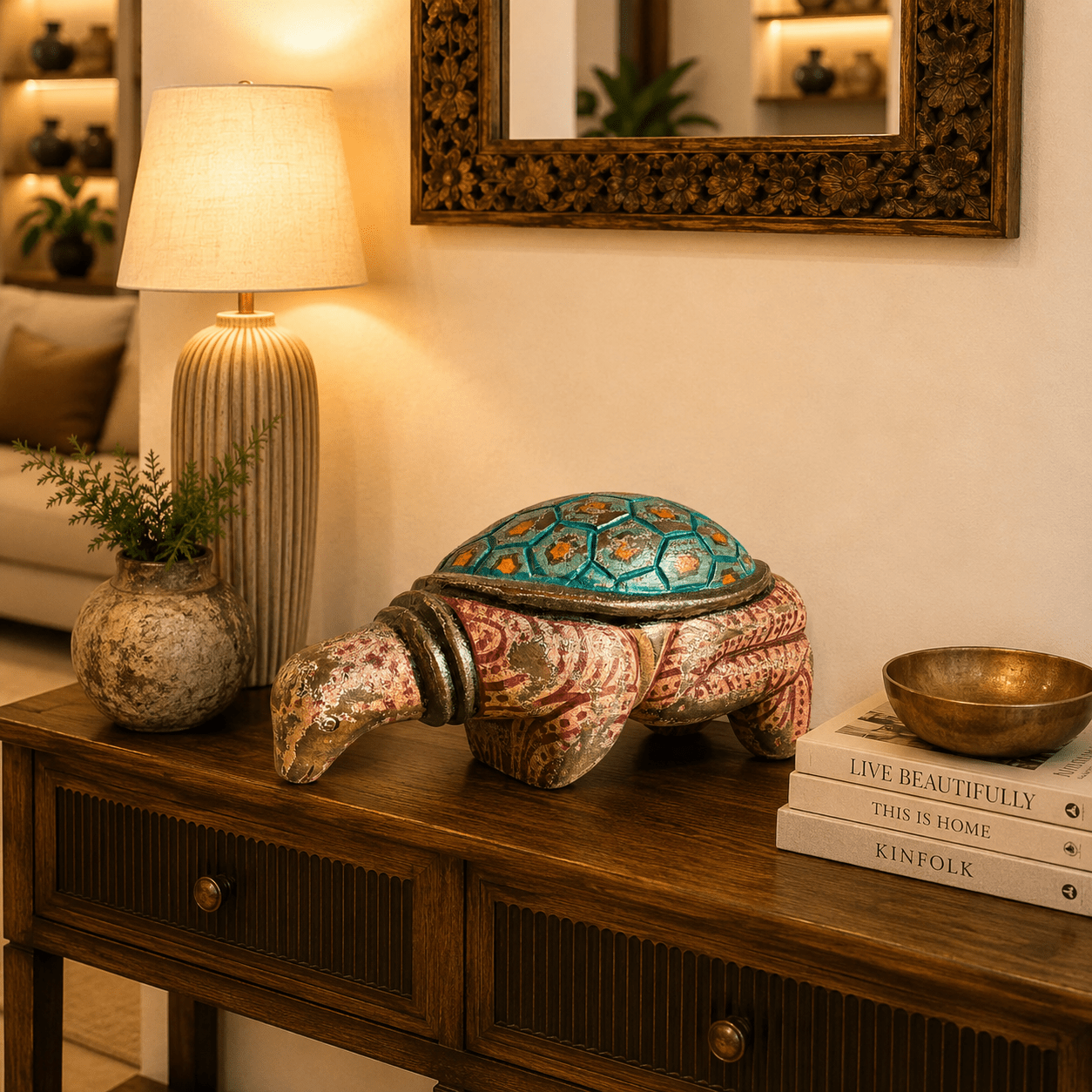 Figura Decorativa Kurma Tortuga Artesanal en Madera - BOUTIQUEDELAINDIA