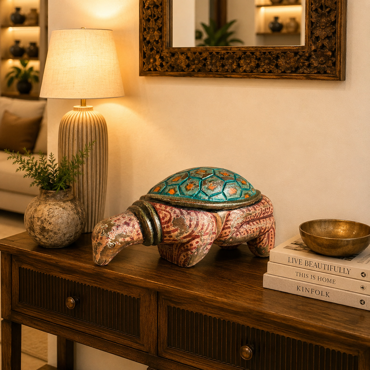 Figura Decorativa Kurma Tortuga Artesanal en Madera - BOUTIQUEDELAINDIA