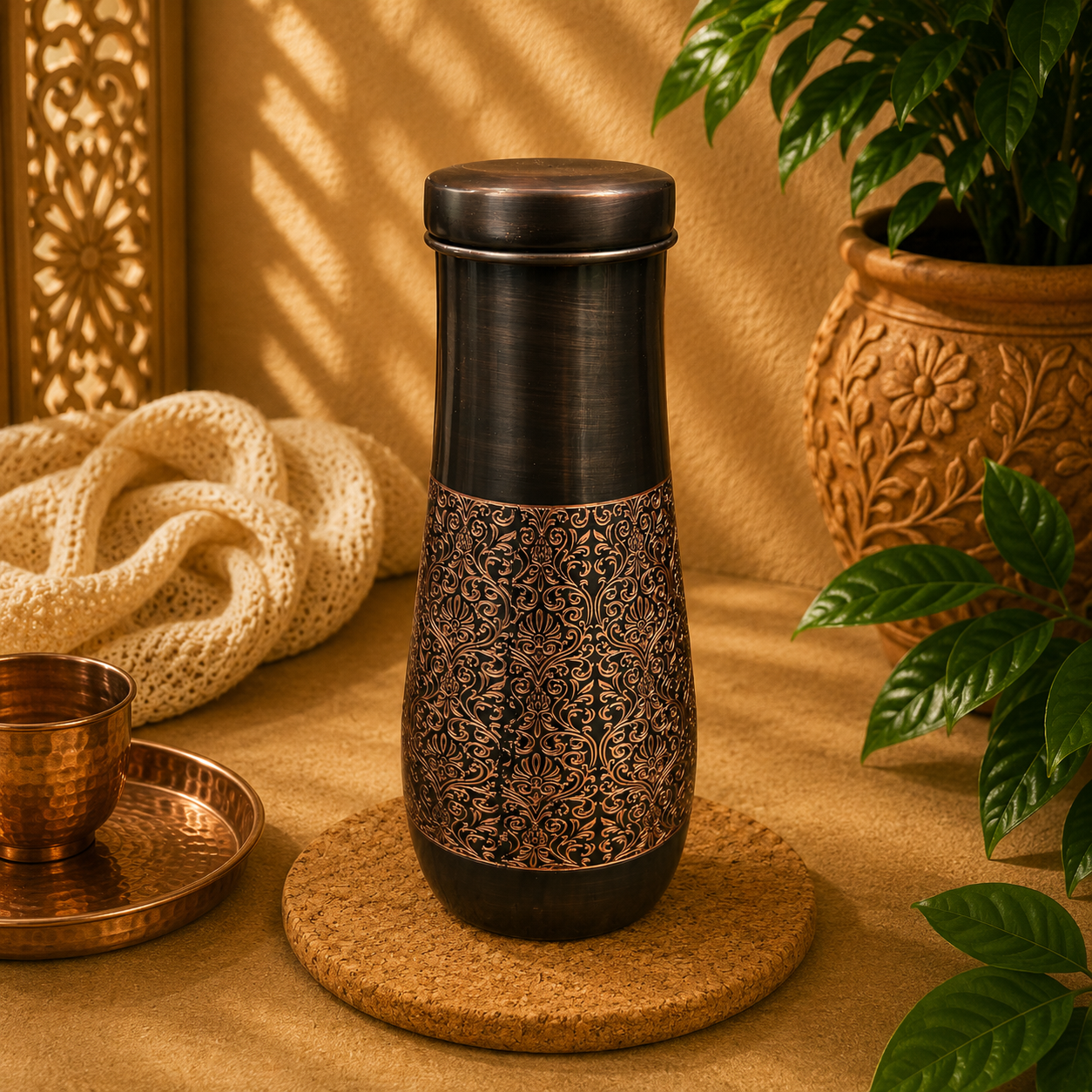 Botella de Cobre, Cobre grabado, Vaso de cobre incluido - BOUTIQUEDELAINDIA