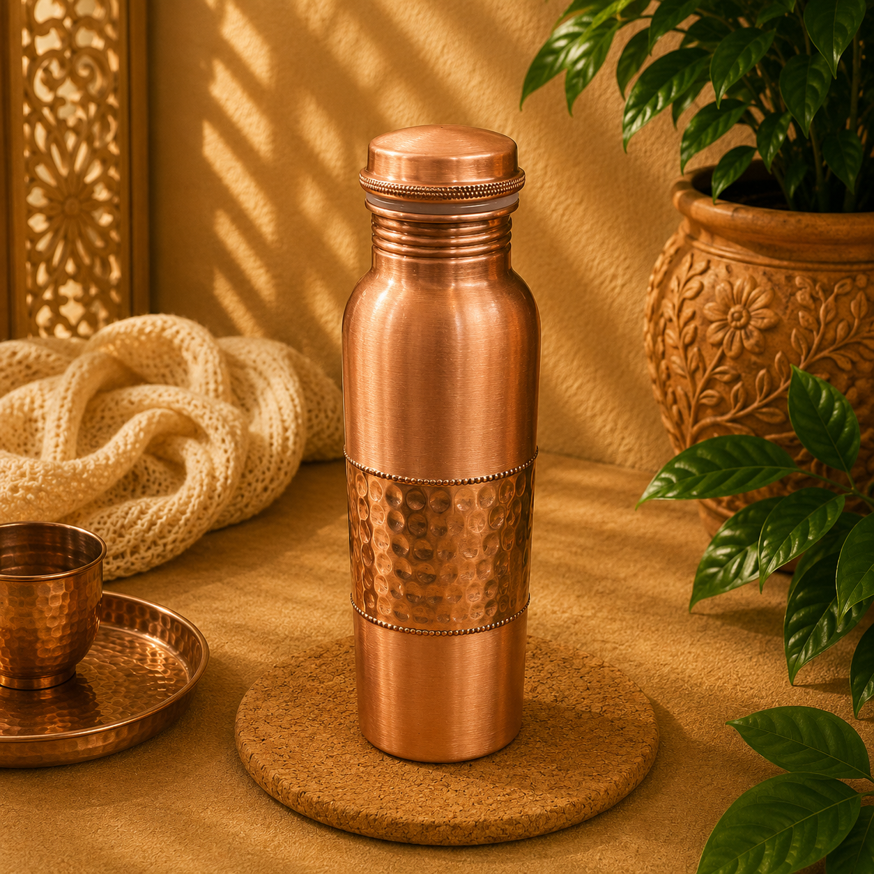 Botella de Cobre, Cobre grabado, Vaso de cobre incluido - BOUTIQUEDELAINDIA
