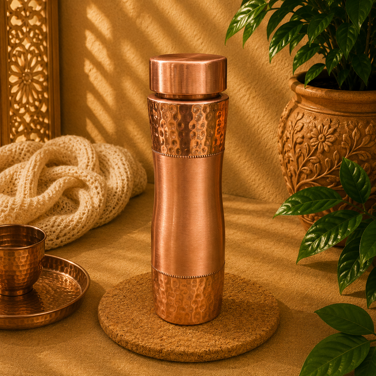 Botella de Cobre, Cobre grabado, Vaso de cobre incluido - BOUTIQUEDELAINDIA