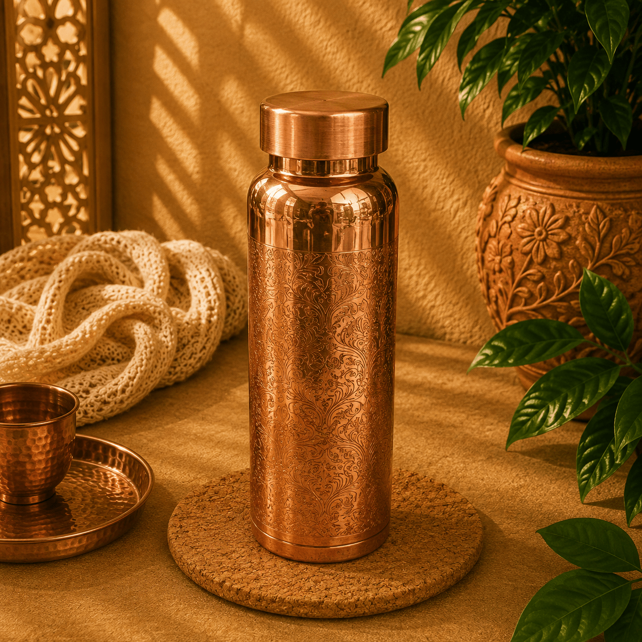 Botella de Cobre Padma Grabado - BOUTIQUEDELAINDIA