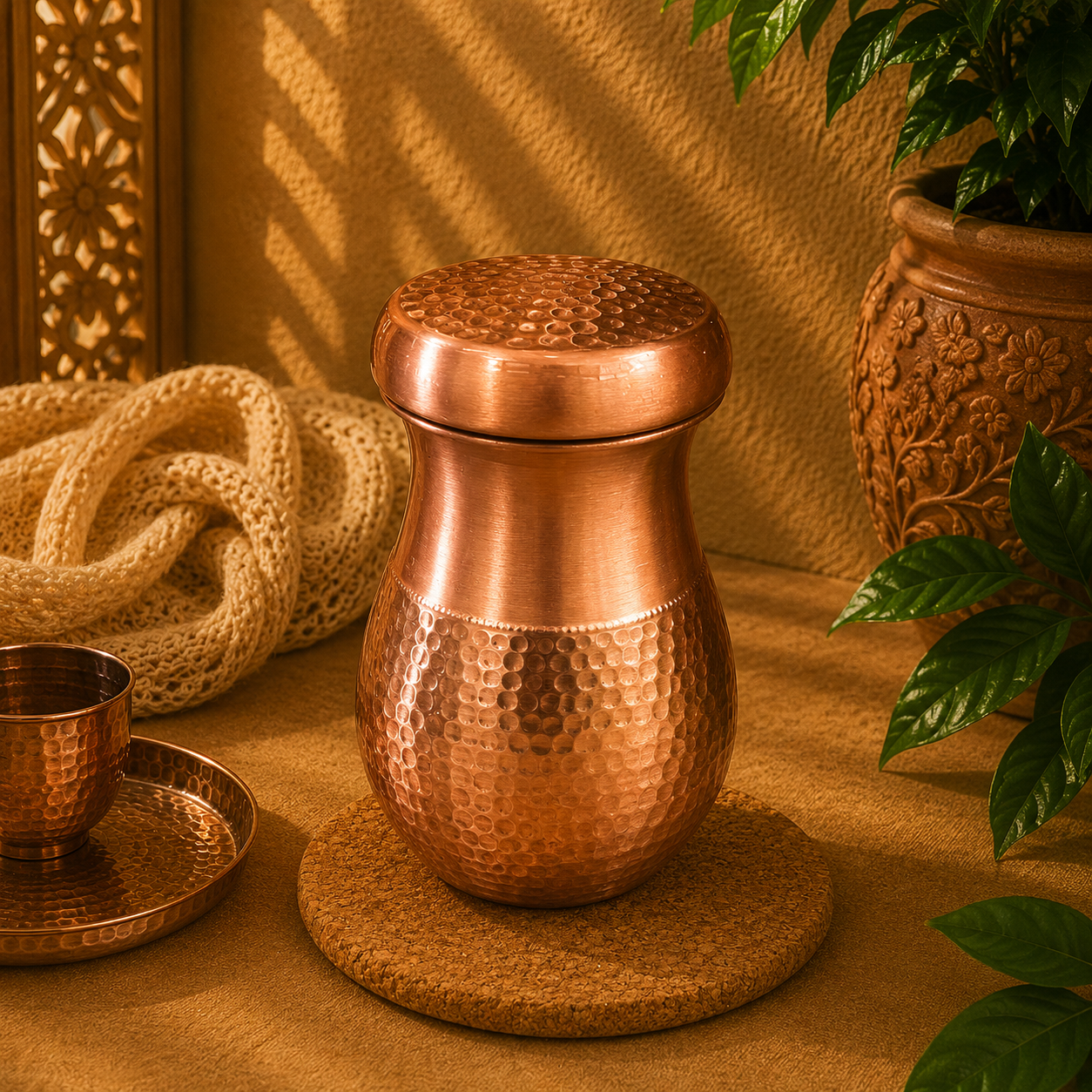 Botella de Cobre, Cobre grabado, Vaso de cobre incluido - BOUTIQUEDELAINDIA