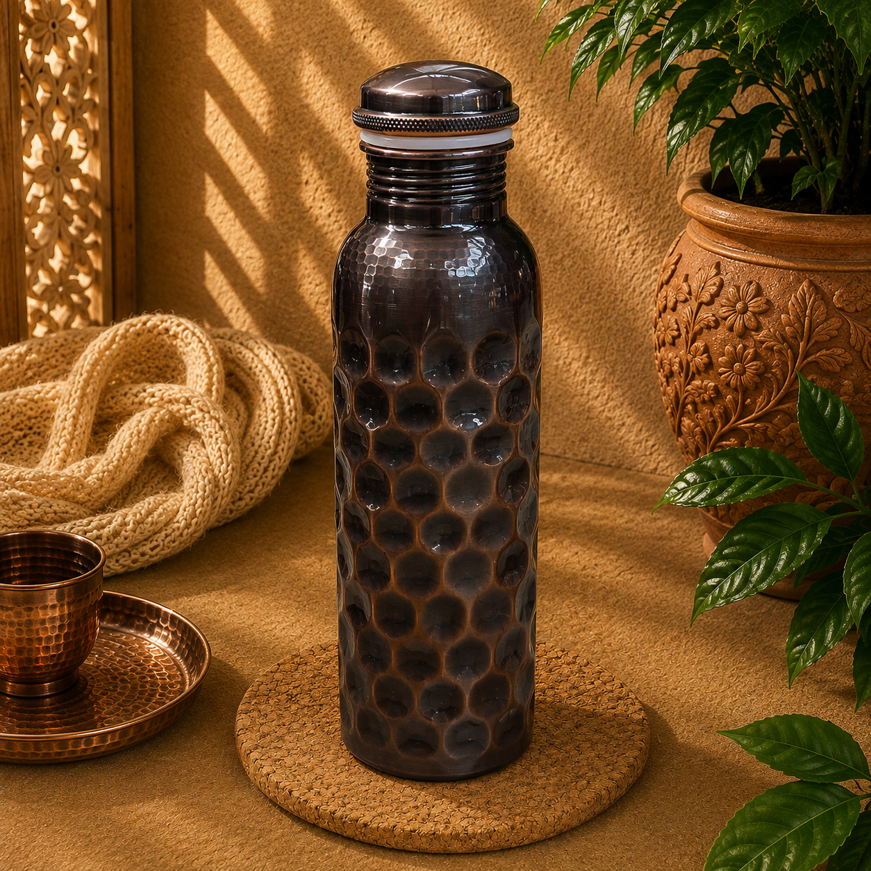Botella de Cobre, Cobre grabado, Vaso de cobre incluido - BOUTIQUEDELAINDIA
