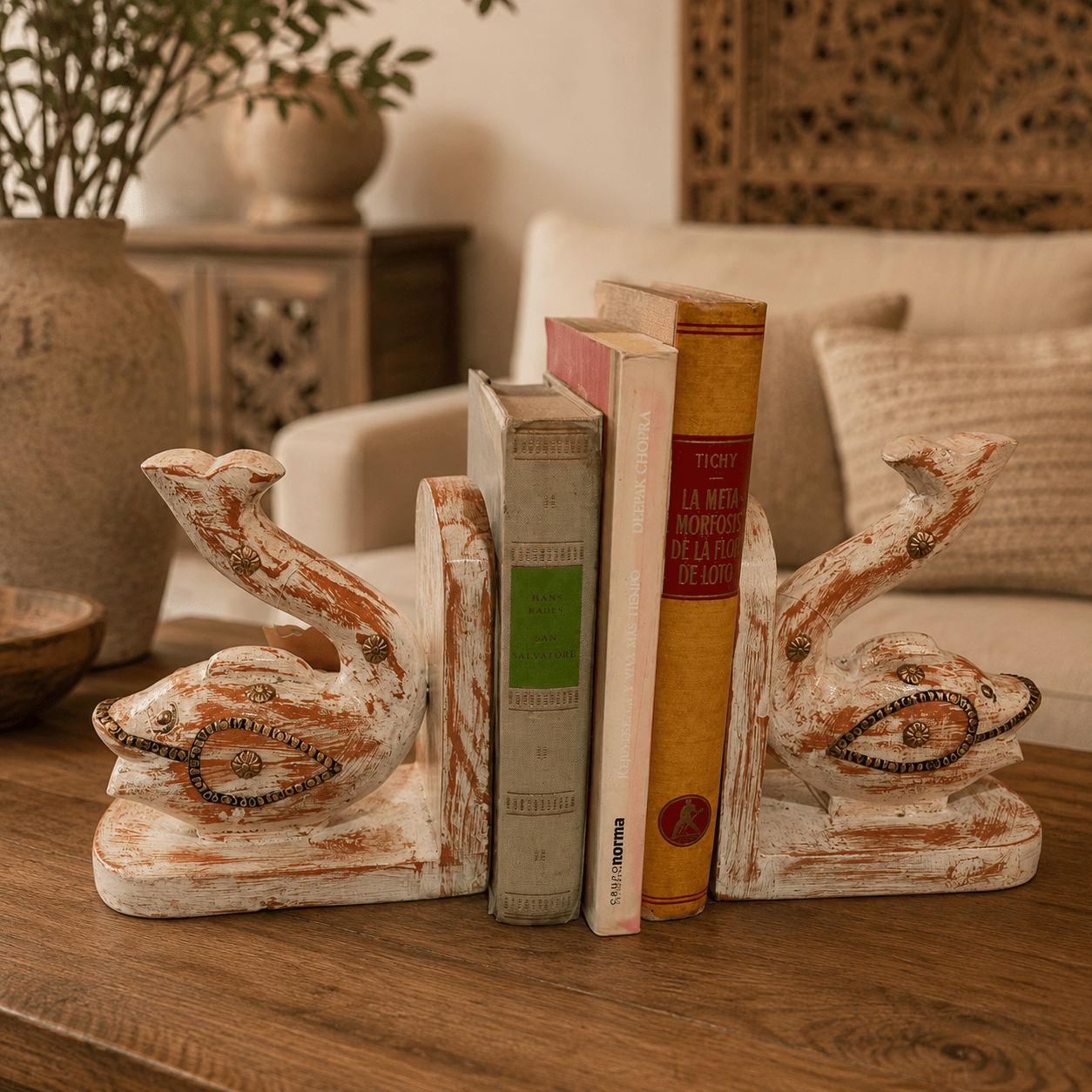 Peces Imperiales Coral – Set Sujeta Libros en Madera - BOUTIQUEDELAINDIA