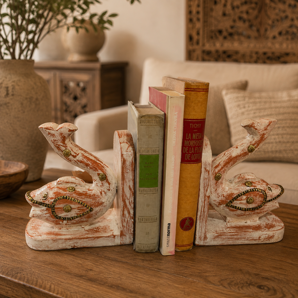 Peces Imperiales Sujeta Libros en Madera - BOUTIUEDELAINDIA