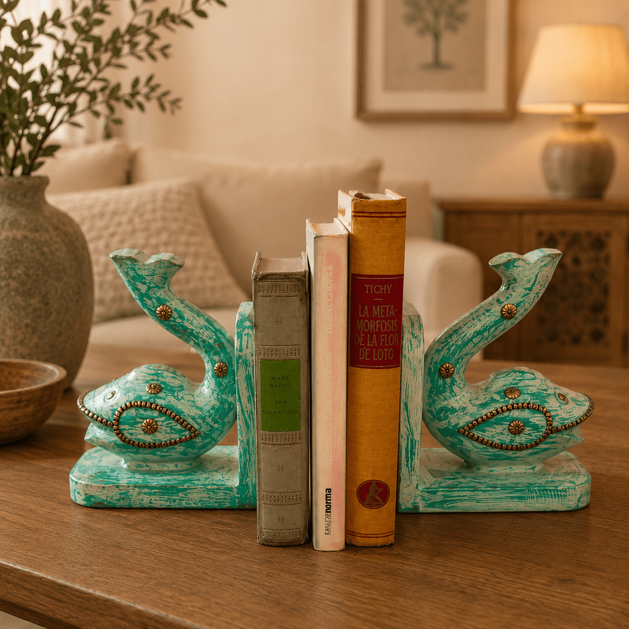 Peces Imperiales Turquesa – Set Sujeta Libros en Madera - BOUTIQUEDELAINDIA