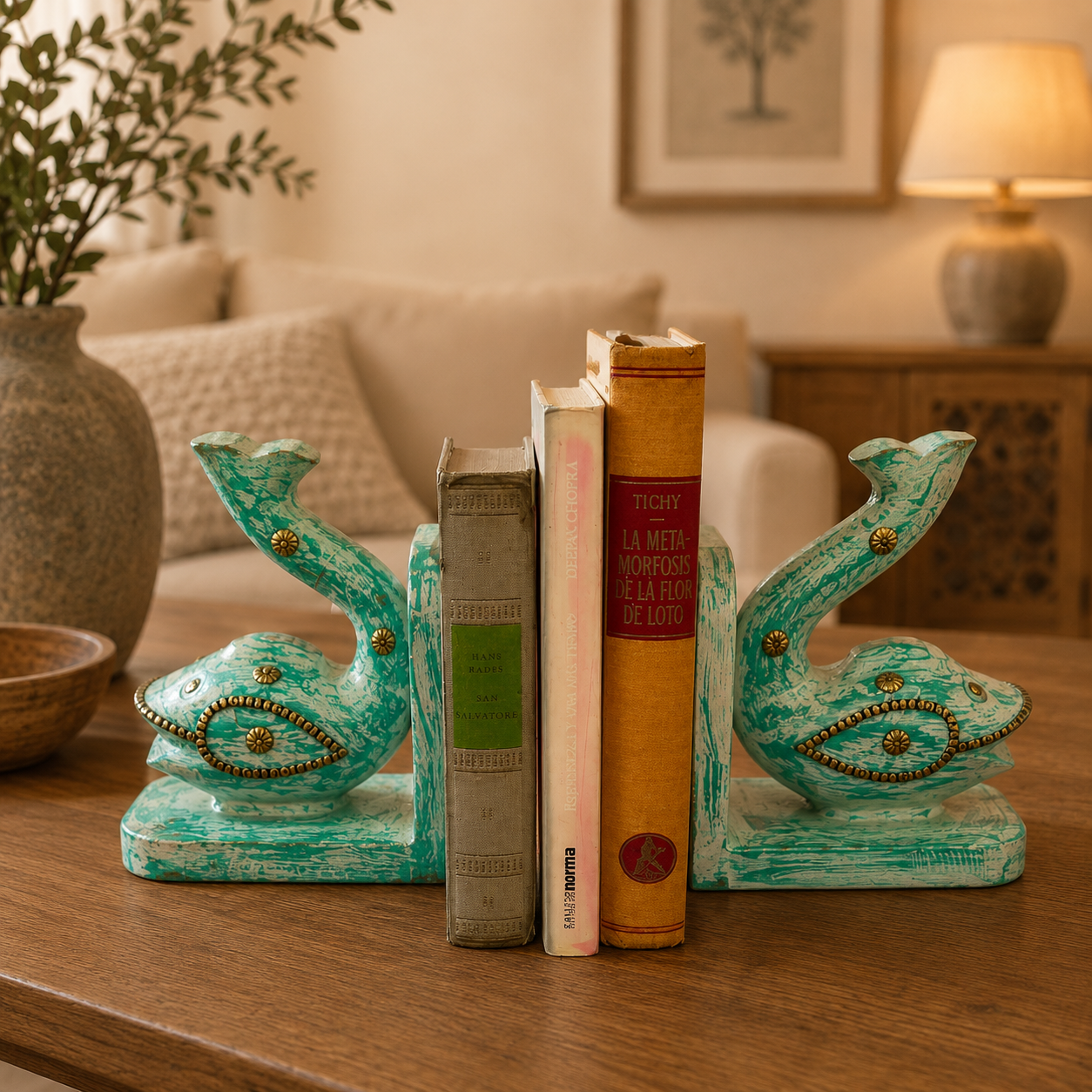 Peces Imperiales Sujeta Libros en Madera - BOUTIUEDELAINDIA