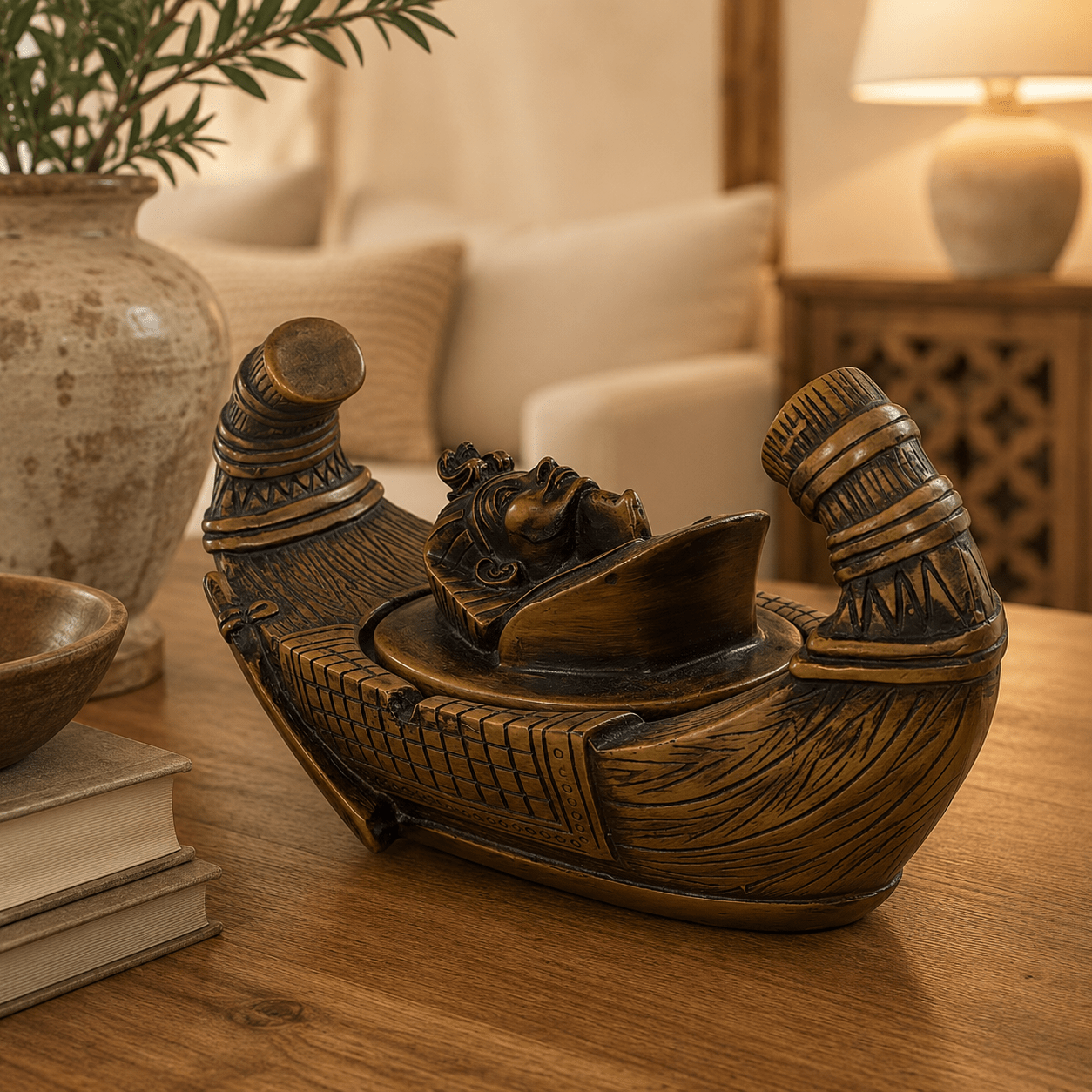 Figura Decorativa Caja Escondite Barca del Nilo con Faraón - BOUTIQUEDELAINDIA