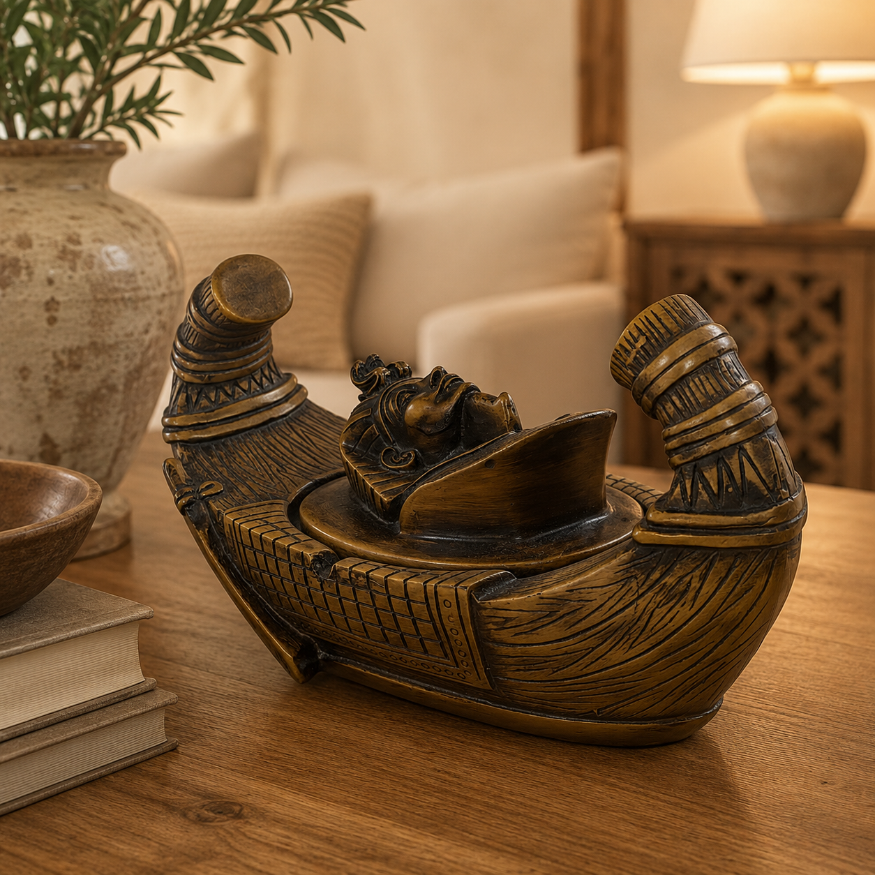 Figura Decorativa Caja Escondite Barca del Nilo con Faraón - BOUTIQUEDELAINDIA