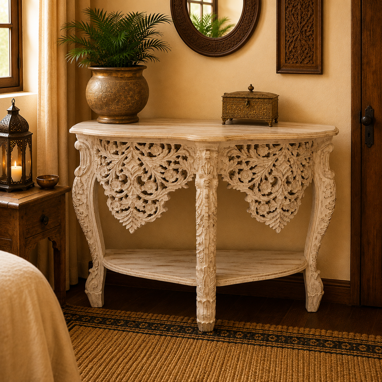 Consola Tallada Pushpa Marfil - BOUTIQUEDELAINDIAENCOLOMBIA