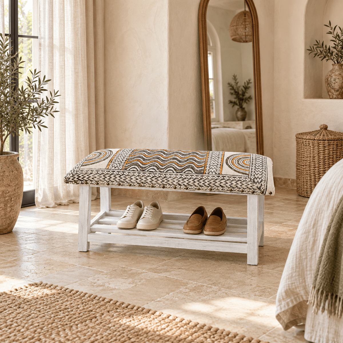 Banca Zapatera de Madera y Algodón Naira - BOUTIQUEDELAINDIA