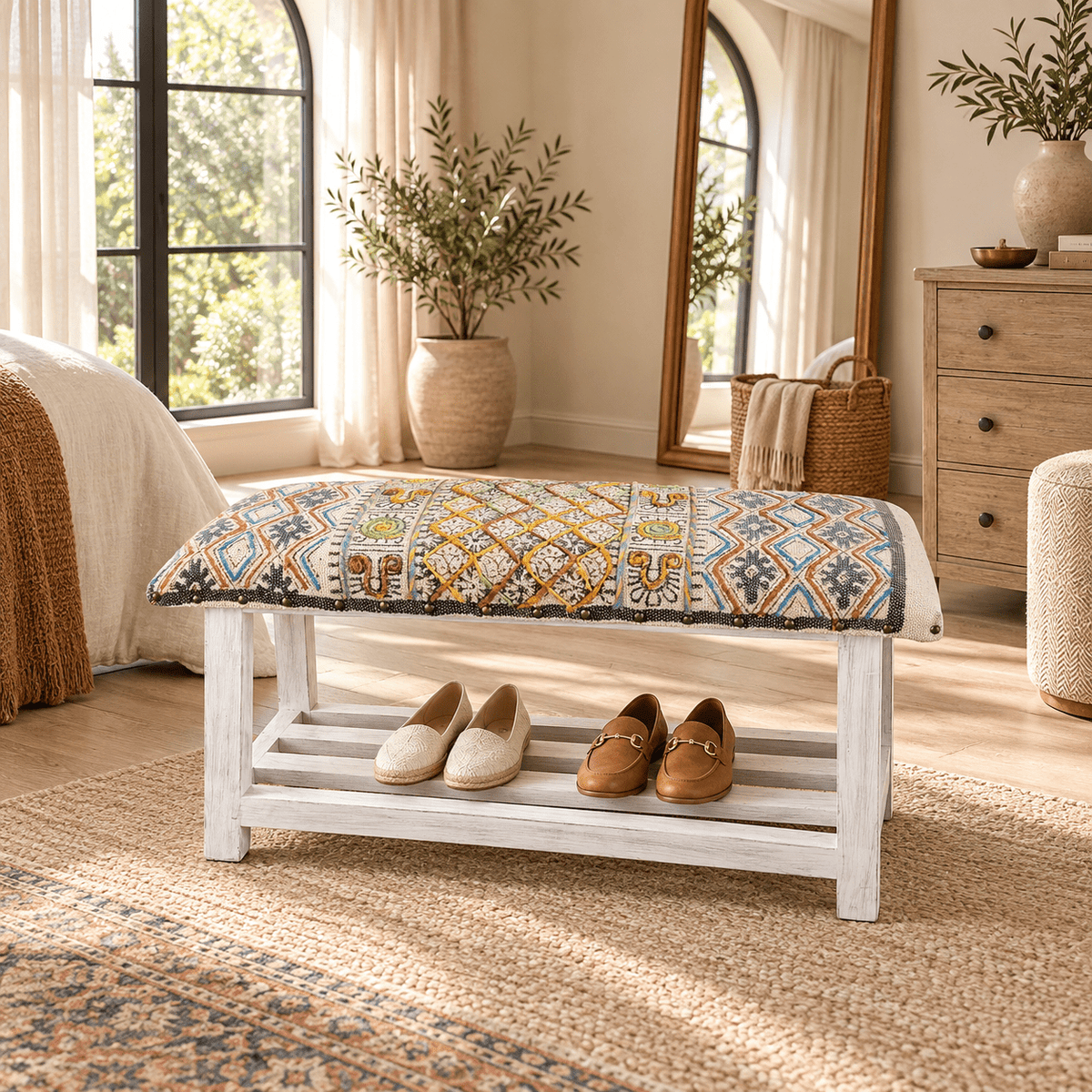 Banca Zapatera de Madera y Algodón Amrita - BOUTIQUEDELAINDIA