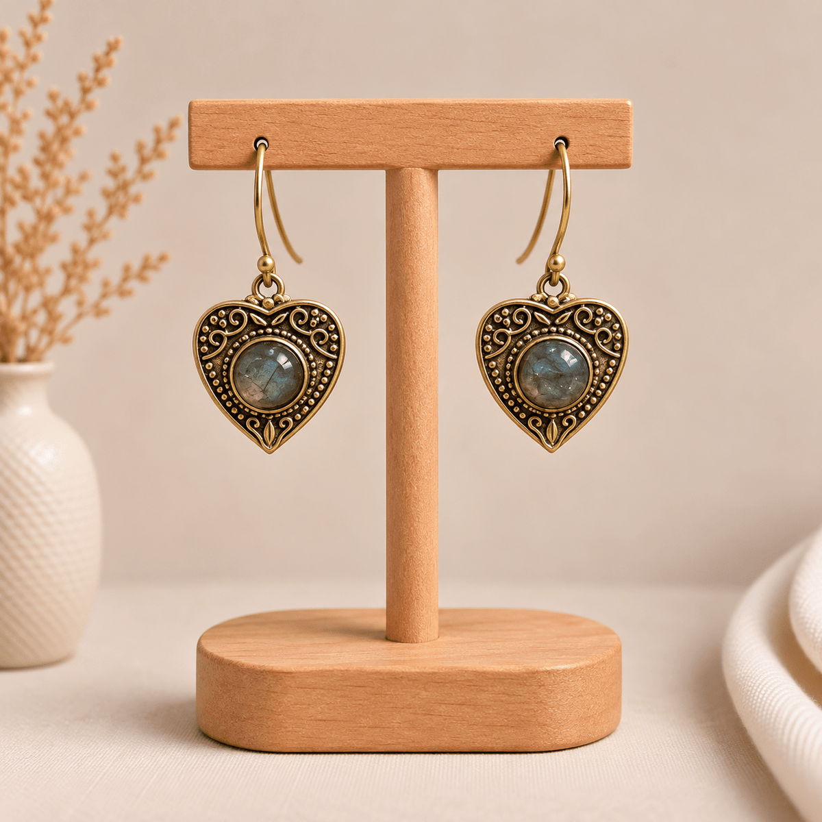 Aretes Corazón Leela en Bronce con Piedra Gris - BOUTIQUEDELAINDIA