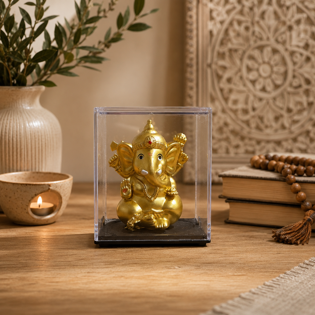 Figura decorativa dorada con brazos móviles, Dinámico, Divertido, Hindú, Ganesha, India, Calidad, Diseño.