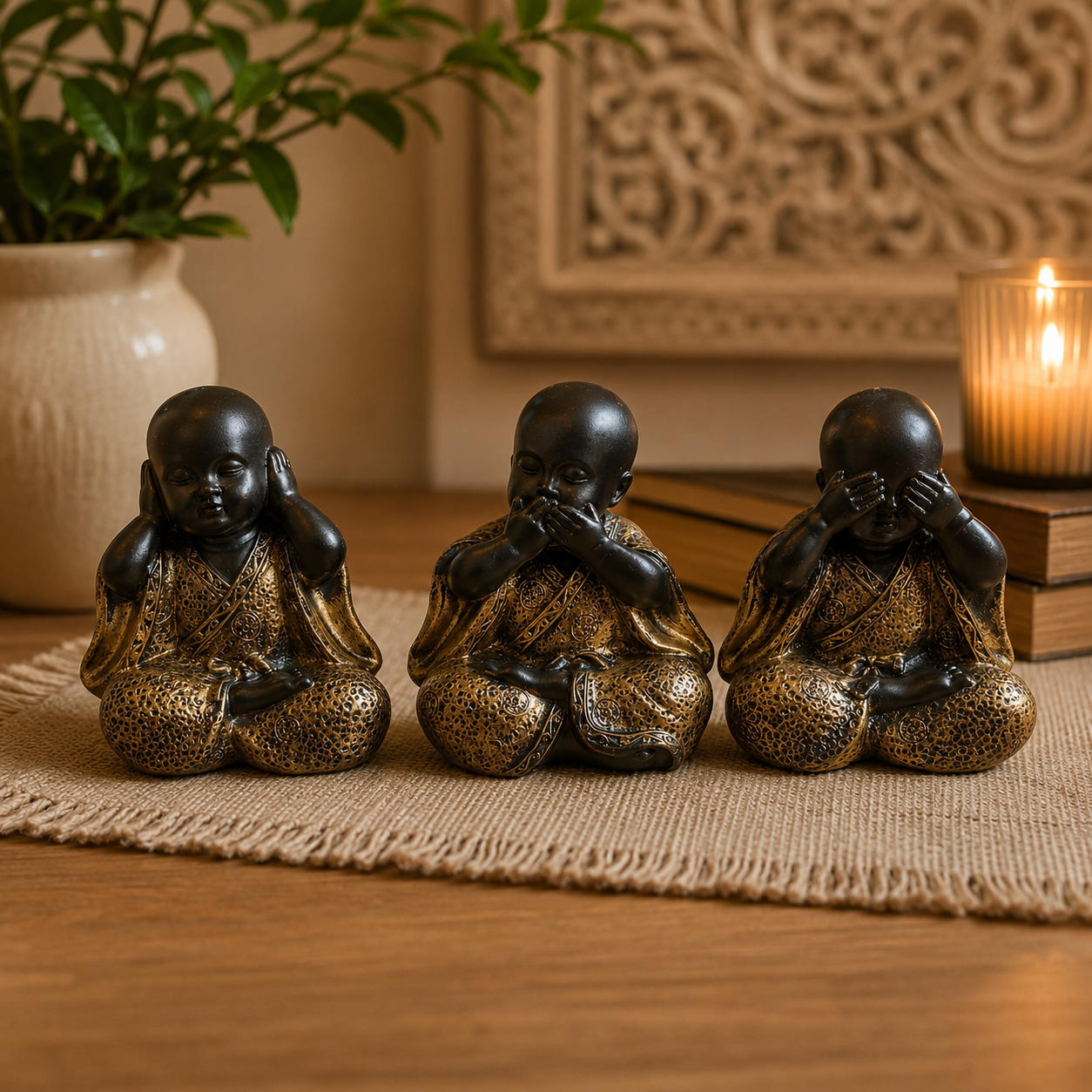 Set de 3 figuras decorativas de monjes budistas, No Oigo, No Hablo, No Veo. Decoración oriental, Hindú, India.