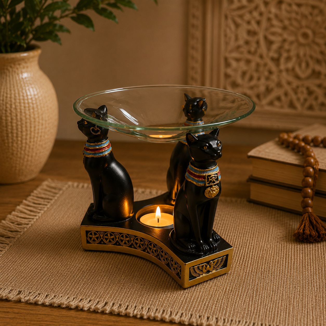 Quemador de Aceite Esencial de gatos del antiguo Egipto. ,de aceite esencial, hornillo de aceite esencial, Egipto.