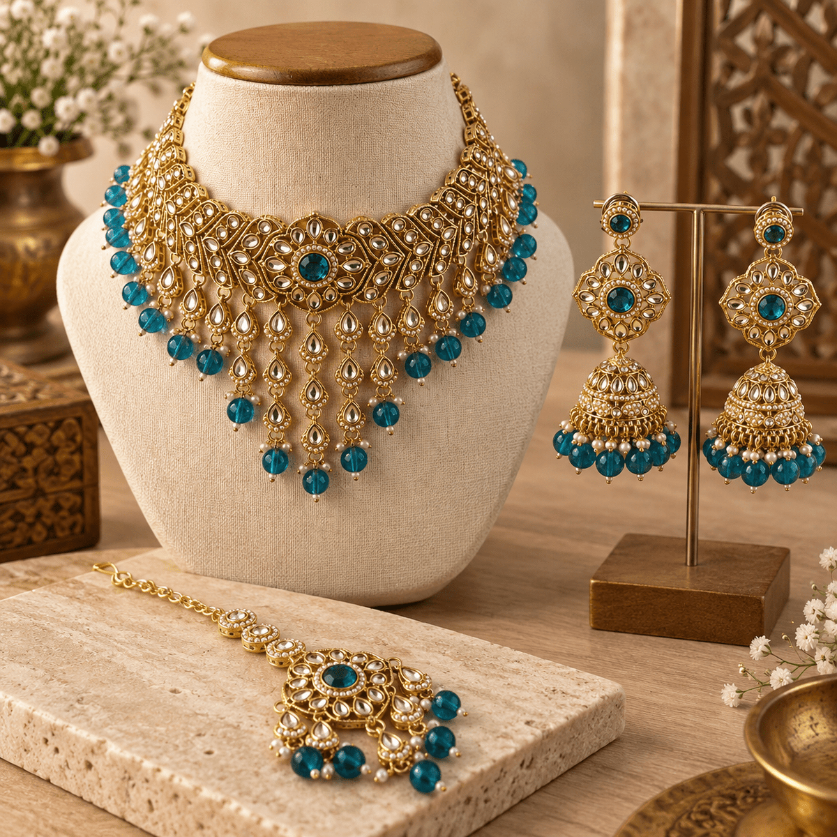 Combo Noor de Collar, Aretes y Tikka en Bronce - BOUTIQUEDELAINDIA