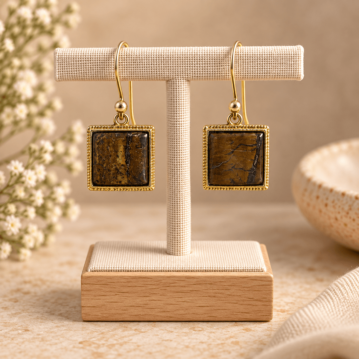 Aretes Nisha de Bronce con Piedra Natural Marrón - BOUTIQUEDELAINDIA