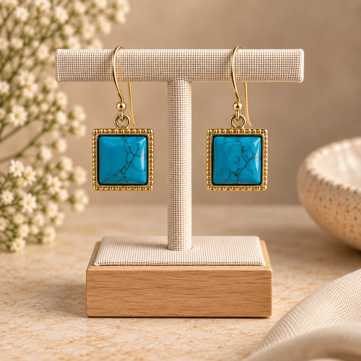 Aretes Nisha de Bronce con Piedra Natural Turquesa - BOUTIQUEDELAINDIA