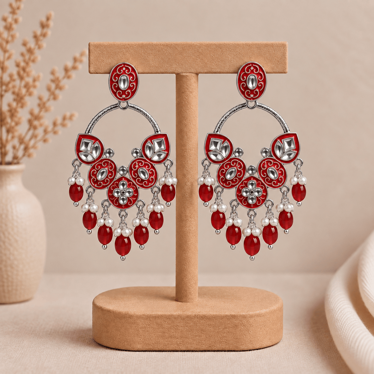 Aretes Roshni en Bronce Plateado con Detalles Rojos - BOUTIQUEDELAINDIA
