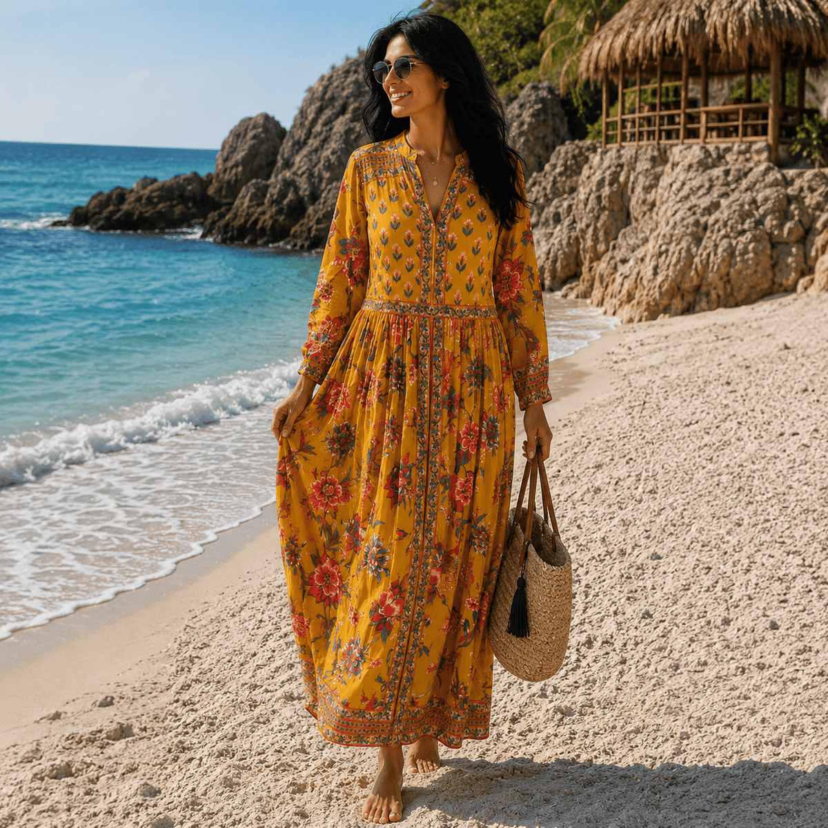 Vestido Hindú Anarkali Pushpa Amarillo - BOUTIQUEDELAINDIA