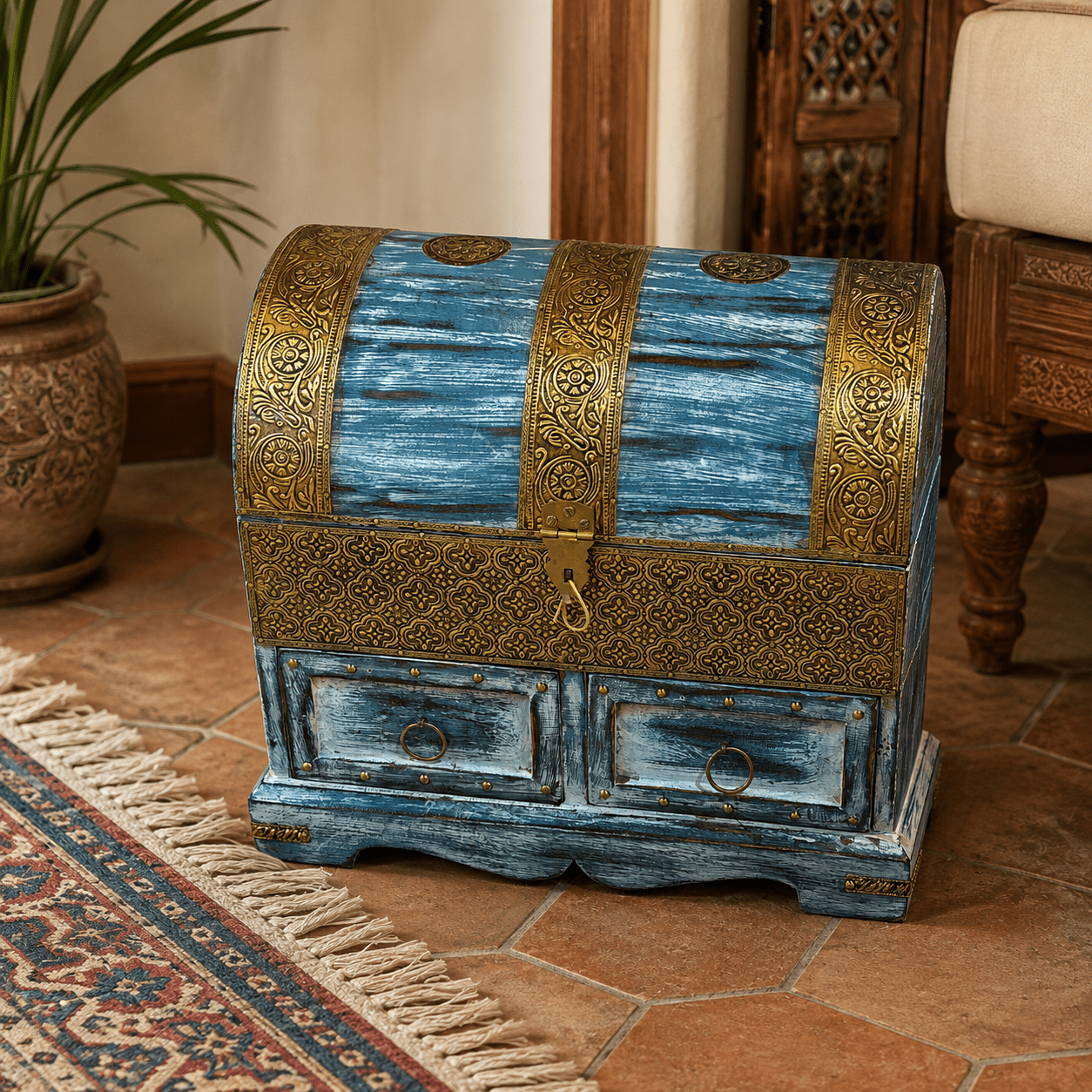 Baúl Artesanal Pushkar Azul con Cajones Decorativos Azul - BOUTIQUEDELAINDIA