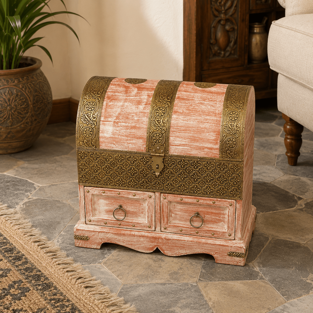 Baúl Artesanal Pushkar Azul con Cajones Decorativos Rosa - BOUTIQUEDELAINDIA