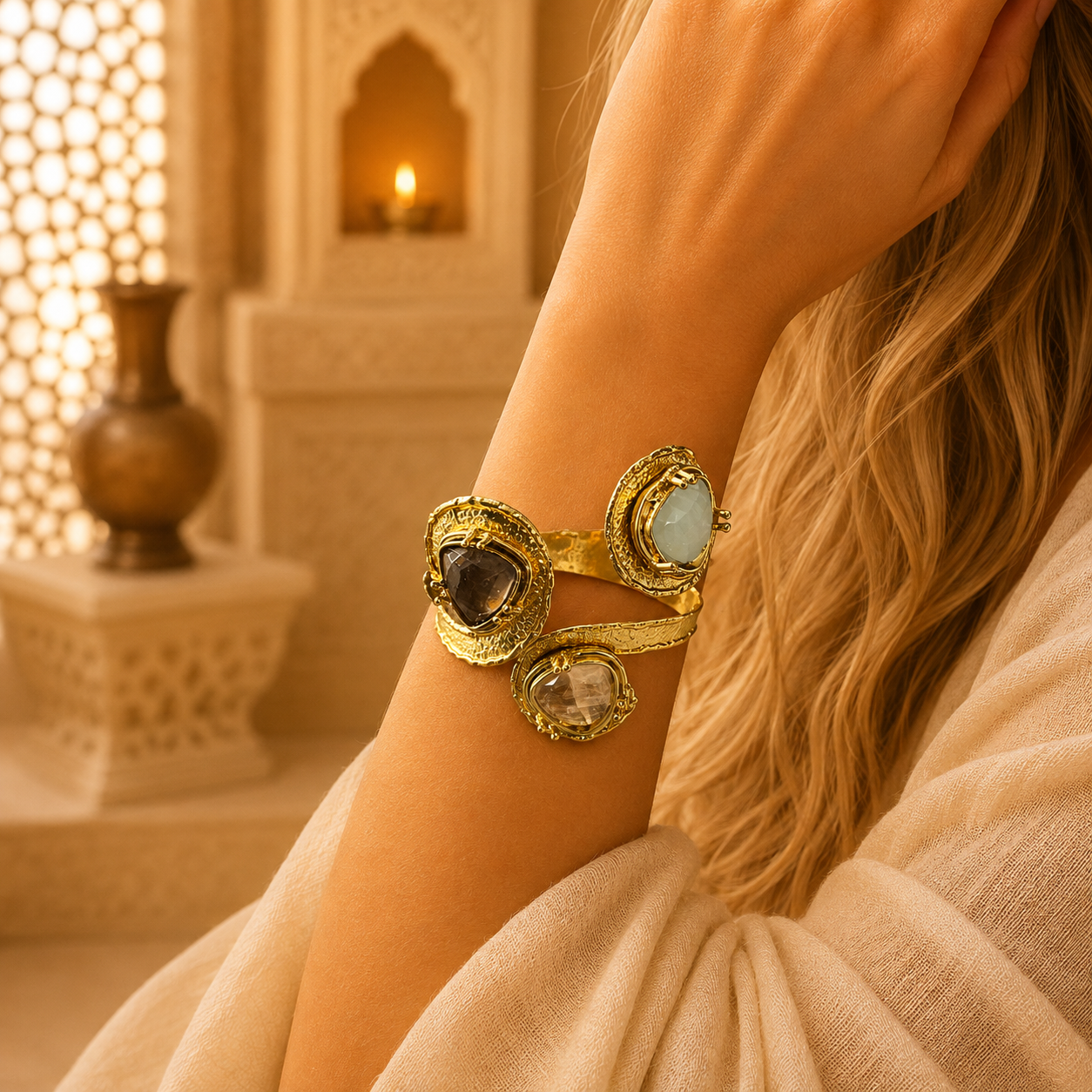 Brazalete Tridevi de la Armonía Sagrada con Piedras Semipreciosas - BOUTIQUEDELAINDIA