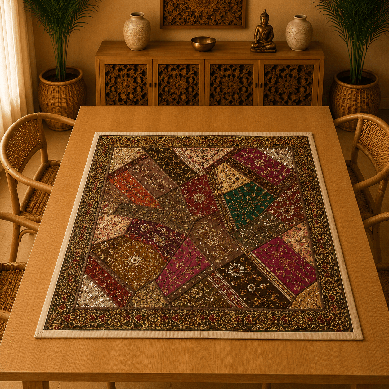 Mantel Decorativo Patchwork Vintage con Bordados Artesanales - BOUTIQUEDELAINDIA