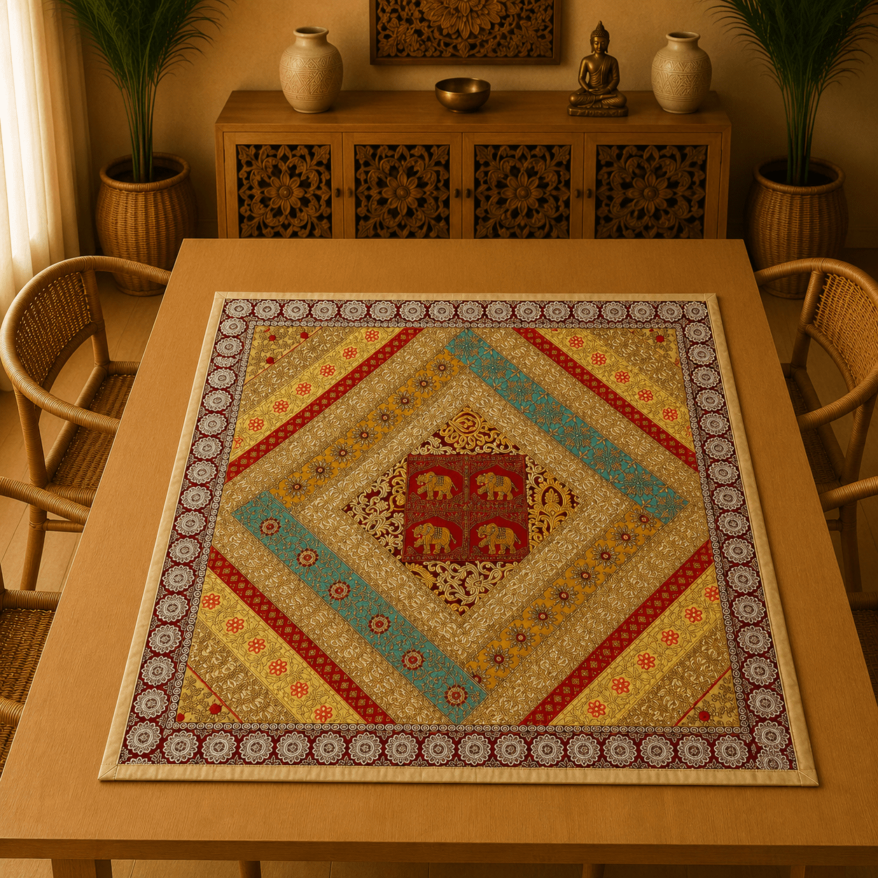 Mantel Cuadrado con Elefantes Bordados - BOUTIQUEDELAINDIA