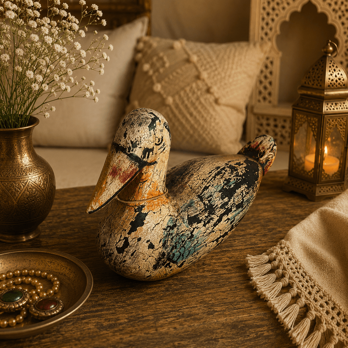 Pato Decorativo Padma Tallado y Pintado en Madera - BOUTIQUEDELAINDIA