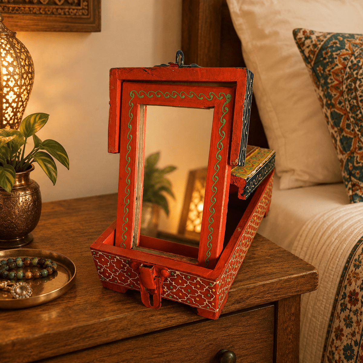 Joyero Artesanal Shringar con Espejo Plegable Naranja - BOUTIQUEDELAINDIA