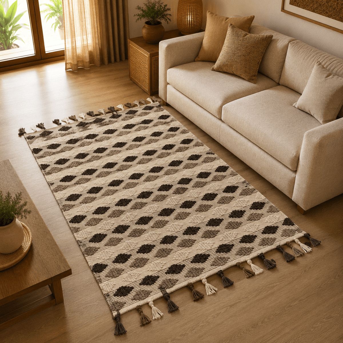 Tapete Artesanal Geométrico en Tonos Tierra - BOUTIQUEDELAINDIA