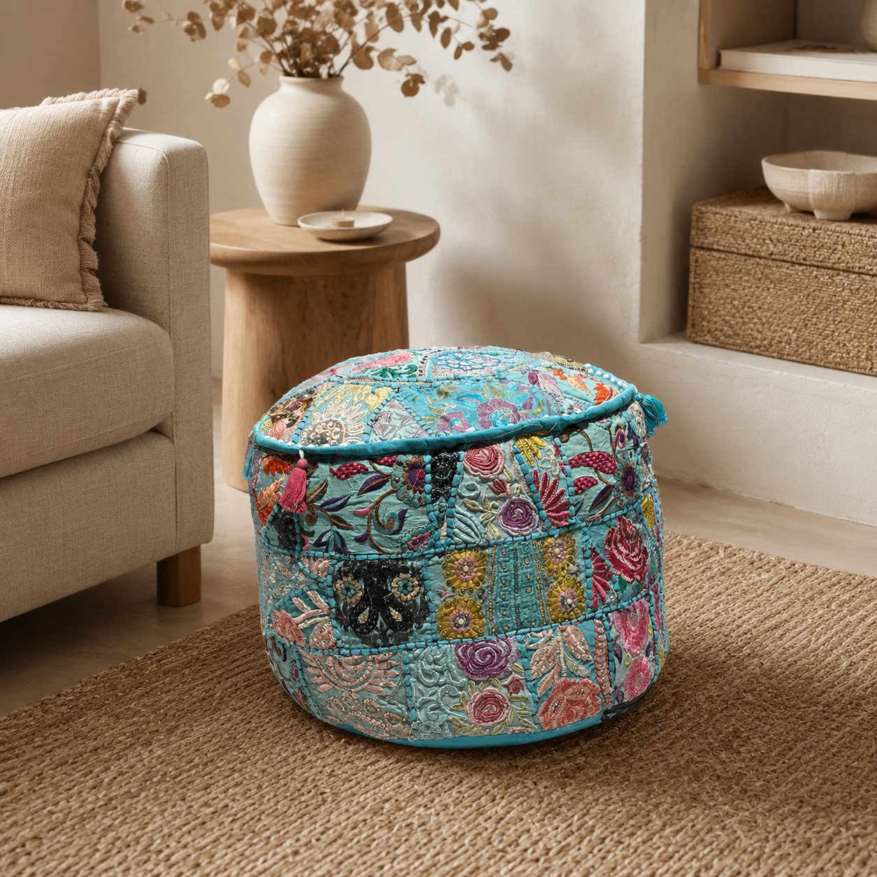 Puff Patchwork Meera Turquesa Artesanal