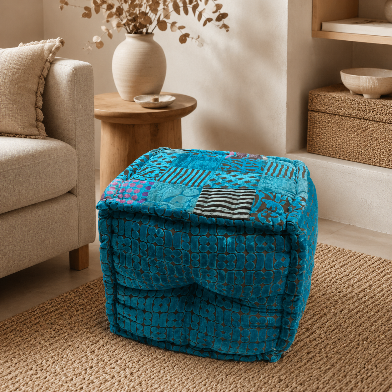 Puff Cubo Vihana Turquesa Artesanal