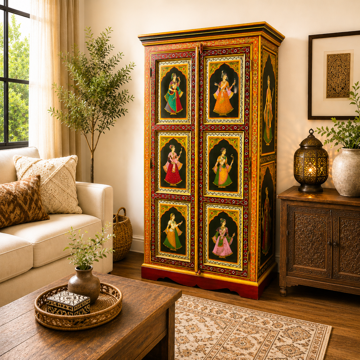 Hand-Painted Wooden Wardrobe with Indian Design