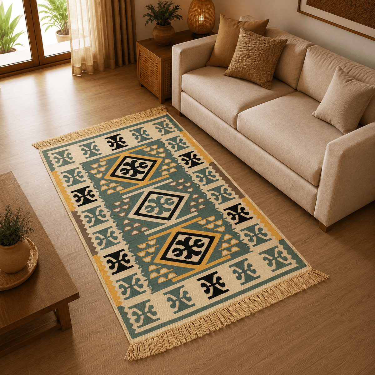 Tapete Doble Faz de Rombos en Tonos Verde y Mostaza - BOUTIQUEDELAINDIA