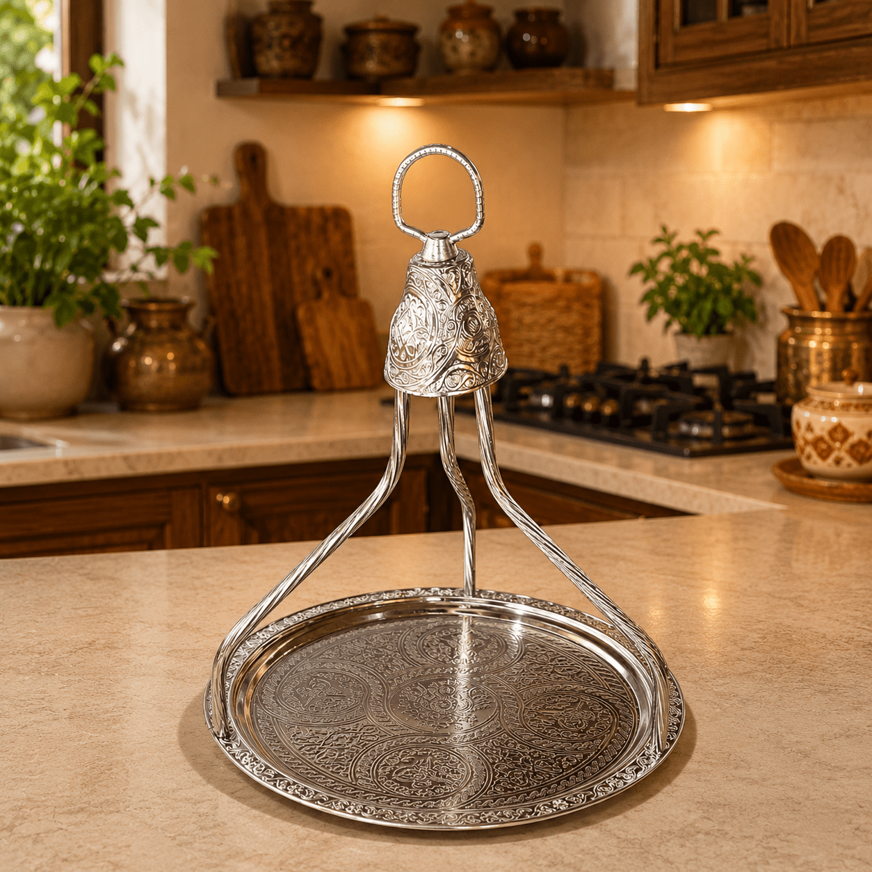 Bandeja Oriental Plegable Plateada con Soporte Giratorio - BOUTIQUEDELAINDIA