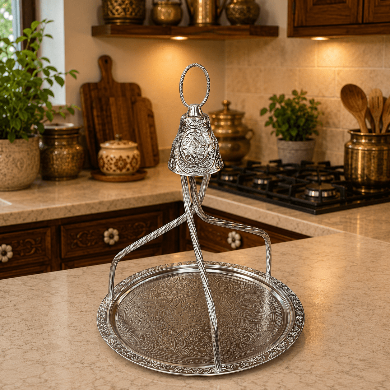 Bandeja Oriental Plegable Plateada con Soporte Giratorio - BOUTIQUEDELAINDIA