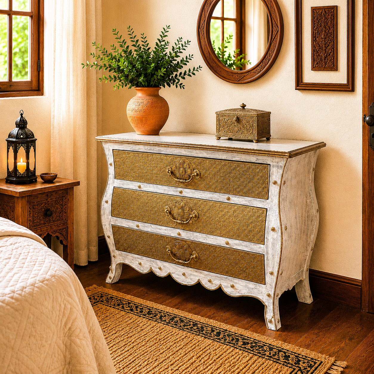 Cómoda Oriental  De la India de madera con Tallados en Metal Dorado