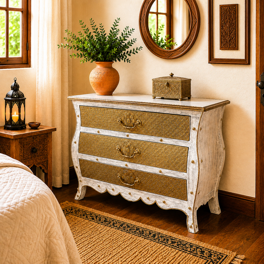 Cómoda Oriental  De la India de madera con Tallados en Metal Dorado