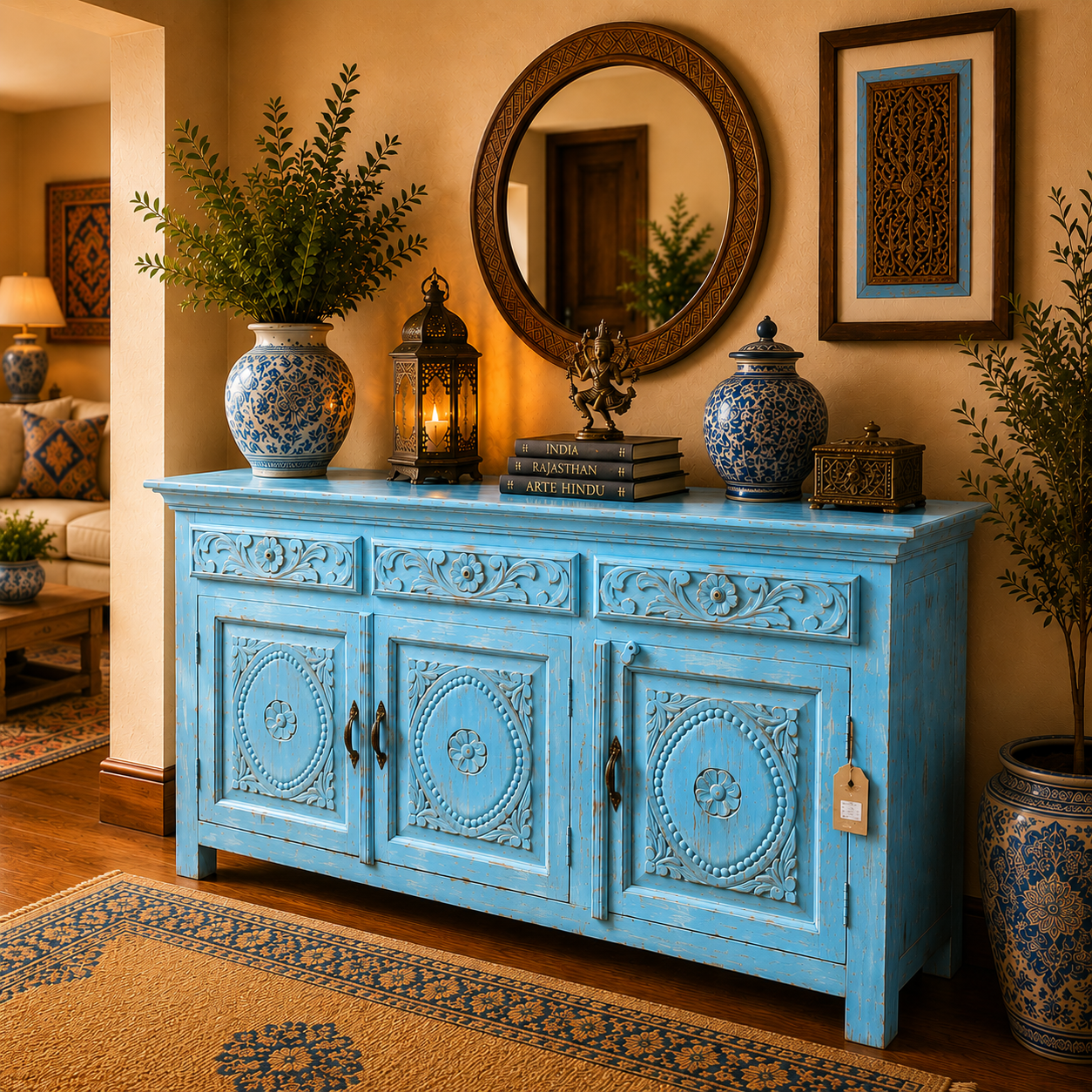 Three-Door Hand-Carved and Hand-Painted Indian Oriental Sideboard in Vintage Blue Finish with Handcrafted Hindu Floral Design