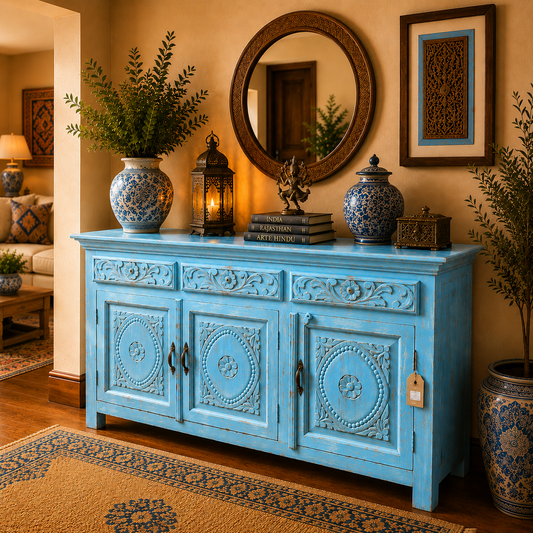 Bife Oriental De la India de Tres Puertas en Madera Tallada y Pintada a Mano Acabado Azul Vintage con Diseño Floral Artesanal Hindu